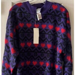 NWT Vintage Objectives Tunic Sweater Purple W Black & Red Hearts NOS Size Large